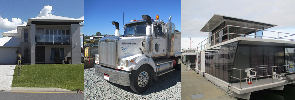 A montage of a house, a truck and a boat